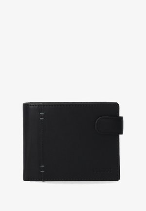 Schwarze Lederbrieftasche mit glatter Textur, ausgestattet mit einem Knopfverschluss und sichtbaren Nähten an der Seite, geprägtem Logo auf der Vorderseite.