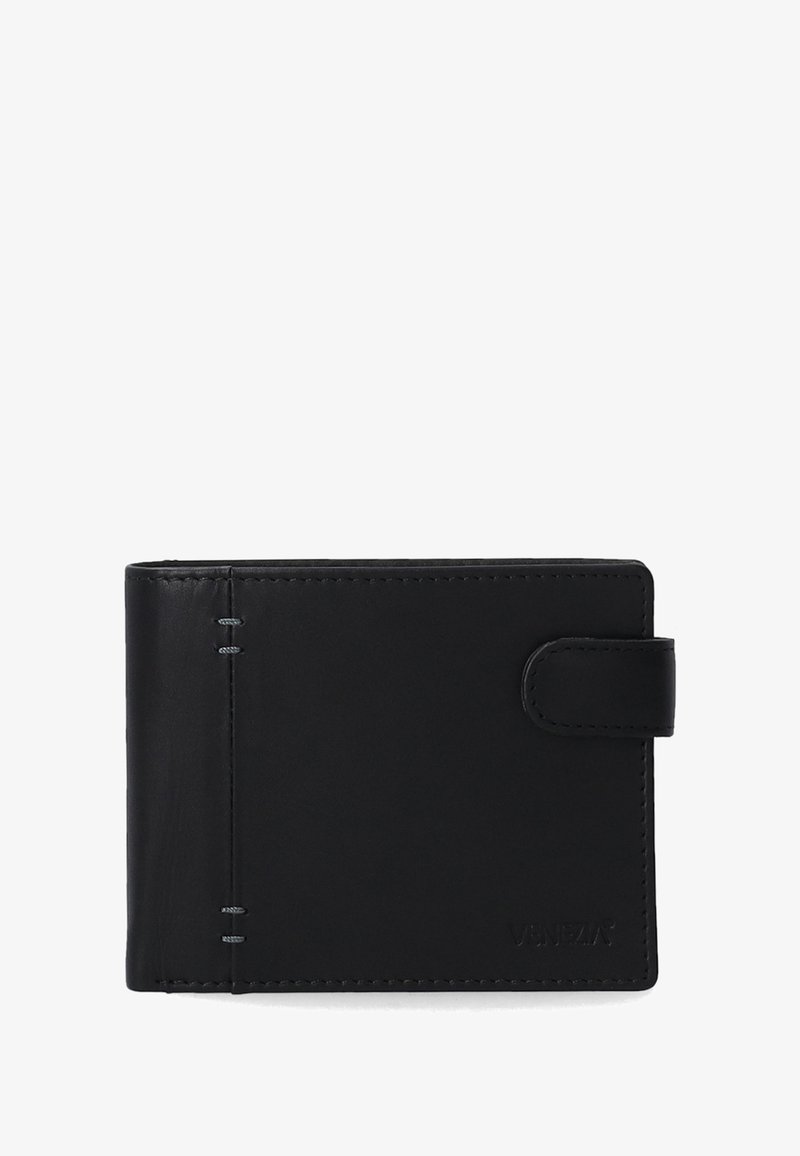 Zwarte leren portemonnee met een gladde textuur, voorzien van een drukknopsluiting en zichtbare stiksels langs de zijkant, met een geperst logo aan de voorkant.