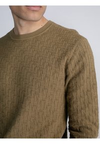 Olijfgroen gebreide trui met een textuurpatroon, voorzien van een ronde hals en geribde manchetten, gemaakt van een zachte, comfortabele stof.