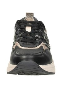 Schwarze Ledersneaker mit strukturiertem Design, Mesh-Akzenten und beigen Details. Sie verfügen über eine abgerundete Zehenpartie und eine Gummisohle.