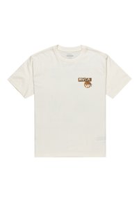 Cream-colored cotton t-shirt with short sleeves. Features a brown graphic logo on the left chest and a textured finish.