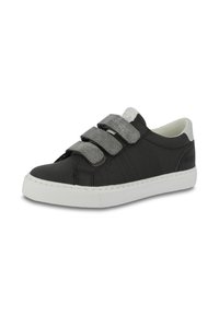 Black sneaker with gray Velcro straps, perforated side design, white rubber sole, and a smooth fabric texture.