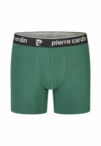 Groene katoenen boxershorts met een zwarte elastische tailleband waarop de merknaam "pierre cardin" in witte letters staat.