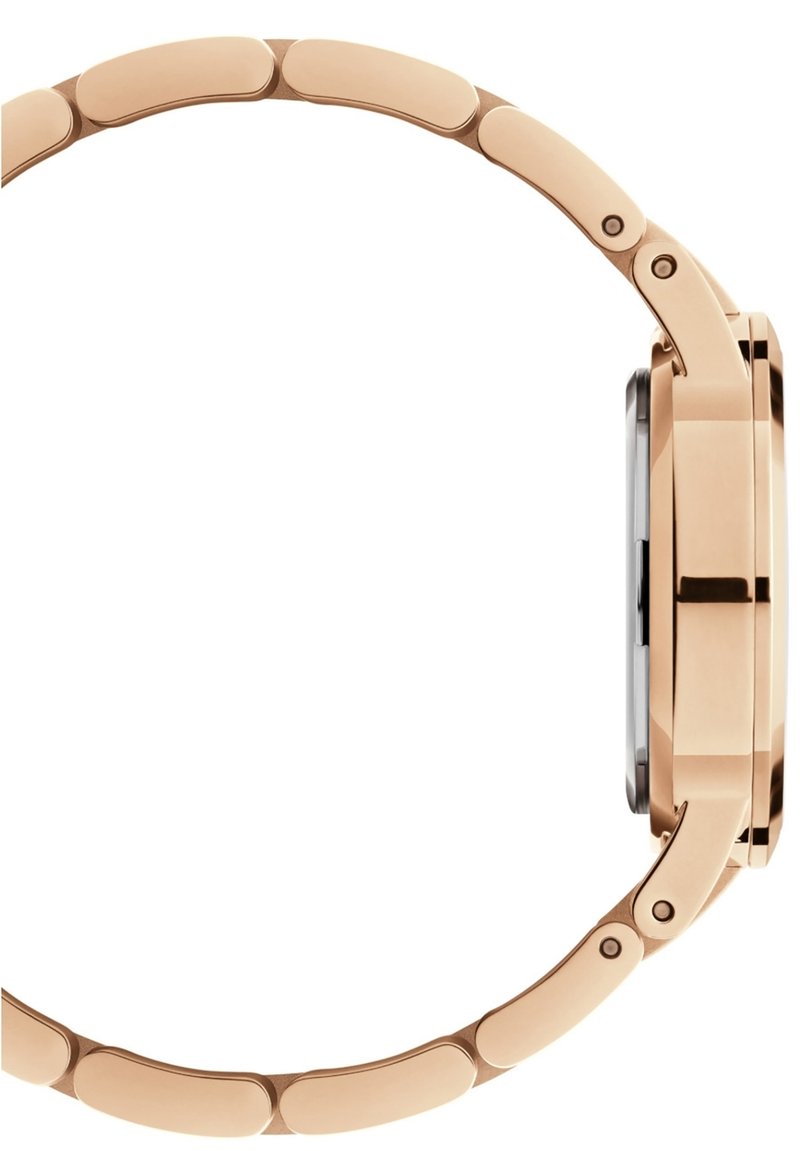 Montre en métal doré rose avec un boîtier lisse et arrondi, un design de bracelet en maillons et une finition polie, mettant en avant une esthétique minimaliste.