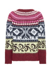 Pull tricoté avec des motifs géométriques multicolores en bordeaux, rose, blanc, noir et jaune, avec manches longues et col rond.