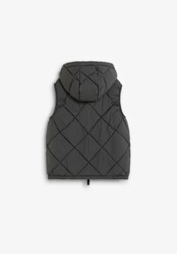 Chaleco negro acolchado con capucha, que presenta un diseño de diamantes, dobladillo elástico y un cordón en la parte inferior para un ajuste ajustable.