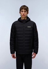 Black padded jacket with a hood, featuring zip closure, front pockets, and logo detail on the chest. Made of lightweight, textured material.