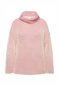 Růžový a krémový pruhovaný svetr s rolákem, který má ribbed strukturu a volný střih. Dlouhé rukávy a design s kleslým ramenem.