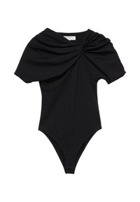 Sort bodystocking med korte ærmer, der har et snoet stofdesign ved halsudskæringen, lavet af et blødt og elastisk materiale. Højt skåret benåbning.