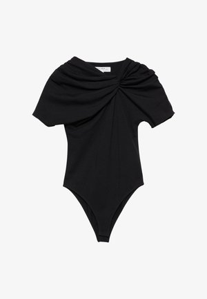 Sort bodystocking med korte ærmer, der har et snoet stofdesign ved halsudskæringen, lavet af et blødt og elastisk materiale. Højt skåret benåbning.