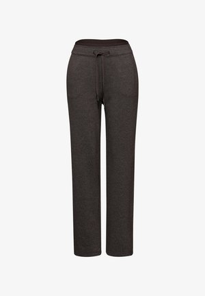Pantalons de survêtement gris foncé avec taille à cordon, jambes droites et deux poches latérales. La texture du tissu semble douce et légèrement texturée.