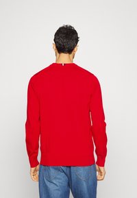 Rode trui met lange mouwen en geribbelde manchetten en zoom, met een klein verticaal streepdetail op de achterkant van de halslijn, gemaakt van zachte stof.