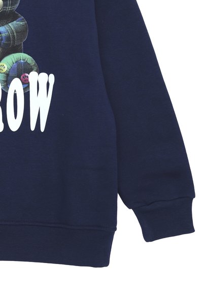 Felpa di colore blu navy con una grafica colorata di spirali e faccine sorridenti, con un testo bianco audace che recita "Domani" al centro.