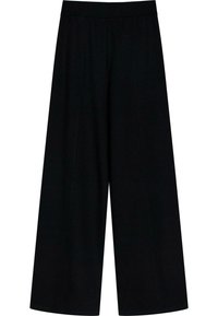Pantalons larges noirs avec une taille élastique, présentant une texture lisse et des lignes épurées. Idéal pour des environnements décontractés ou informels.
