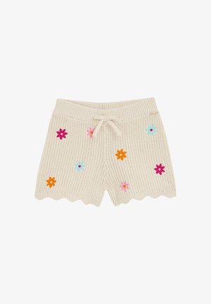 Pletiva kratke hlače u krem boji s valovitim rubom, ukrašene šarenim cvjetnim vezom u ružičastoj, plavoj, narančastoj i žutoj boji. Elastična traka s podesivim vezicom.