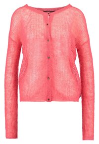 Rosa, leichter Cardigan mit transparenter Textur, langen Ärmeln und rundem Halsausschnitt. Verfügt über fünf schwarze Knöpfe vorne.