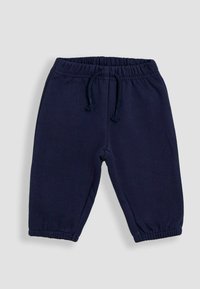 Mørkeblå bomuldsbukser med elastisk talje og snøre, med manchetter ved anklerne og en glat tekstur. Ingen synlige mønstre eller detaljer.