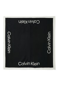 Mustvalge ruudukujuline sall, millel on korduv valge "Calvin Klein" logo. Erakordse valge äärisega. Sile tekstuur.
