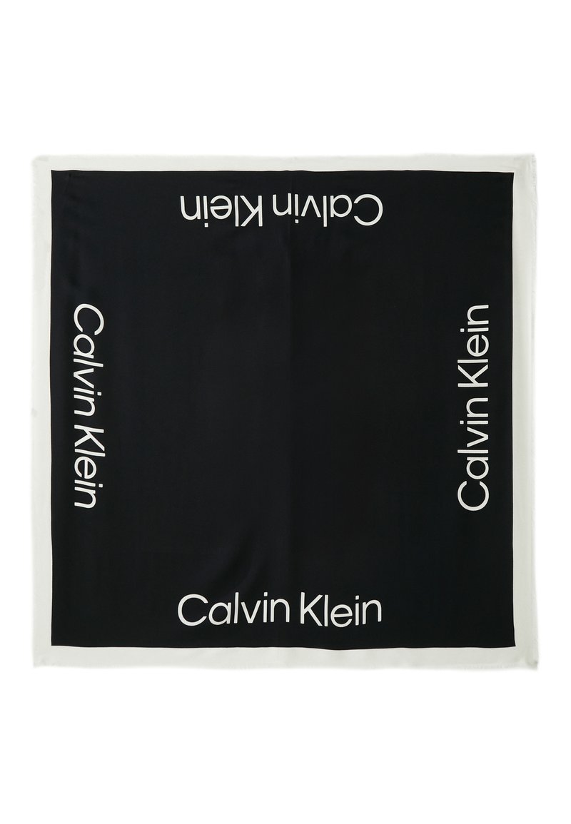 Mustvalge ruudukujuline sall, millel on korduv valge "Calvin Klein" logo. Erakordse valge äärisega. Sile tekstuur.