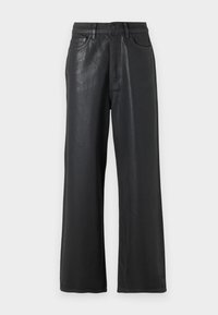 Pantalon noir à jambes larges en cuir texturé, avec taille haute, poches avant et surpiqûres ton sur ton pour plus de détails.