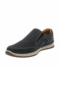 Zapato de color azul marino tipo slip-on con parte superior texturizada, costuras en contraste, paneles laterales elásticos y suela de goma.