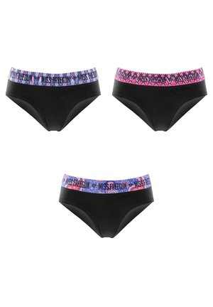 Trois culottes bikini noires avec des ceintures élastiques colorées à motifs en rose, bleu et violet, chacune portant l'étiquette "MISS FREEGUN".