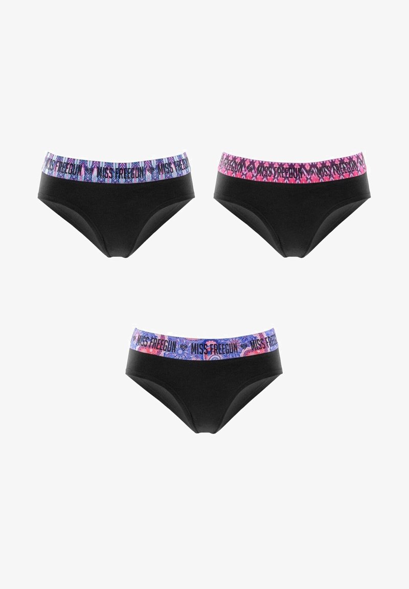Trois culottes bikini noires avec des ceintures élastiques colorées à motifs en rose, bleu et violet, chacune portant l'étiquette "MISS FREEGUN".