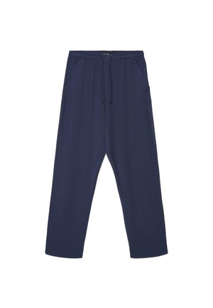 Pantaloni blu navy dal taglio comodo con vita elastica e coulisse, due tasche laterali, gambe dritte, stile casual.