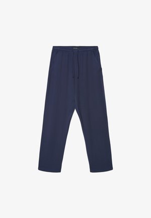 Pantaloni blu navy dal taglio comodo con vita elastica e coulisse, due tasche laterali, gambe dritte, stile casual.
