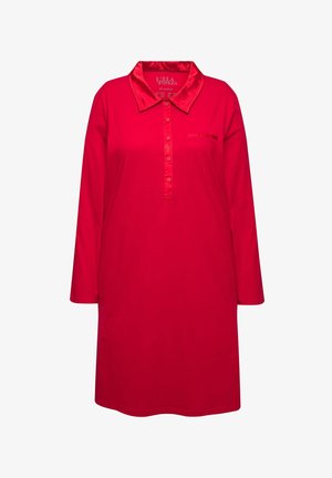 Red long-sleeve nightdress with a satin collar, front button closure, and a small chest pocket. Soft fabric, straight silhouette.