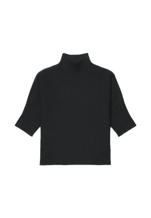 Maglione nero lavorato a maglia con maniche corte, collo alto a coste e polsini a coste.