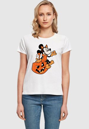 Weißes Baumwoll-T-Shirt mit einem Cartoon-Motiv eines Charakters in einem Kürbis, in Schwarz und Orange gehalten, mit einem lockeren Schnitt.