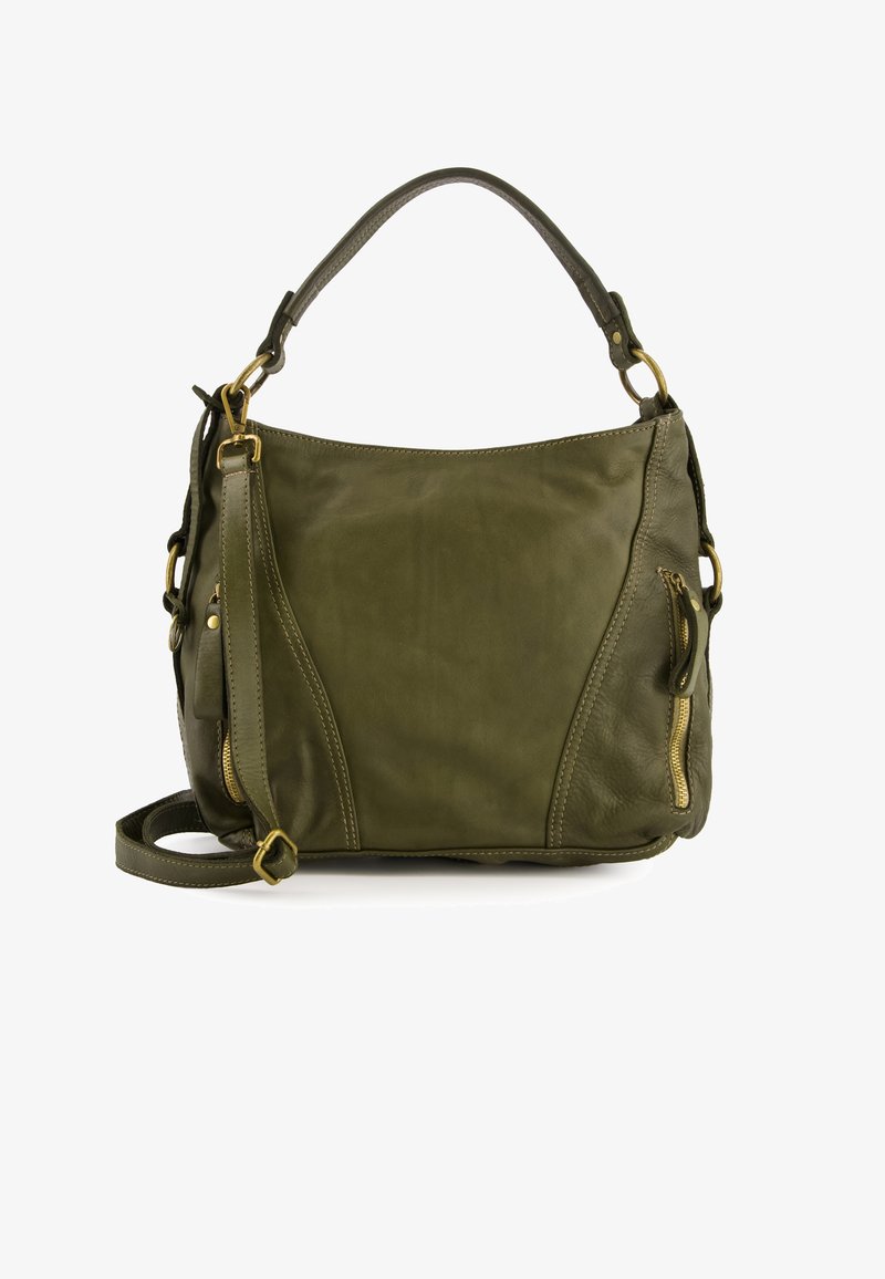 Olive green leather handbag with a curved top, dual carrying handles, gold-tone hardware, and two zippered side pockets. Smooth texture.