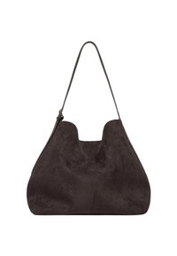 Borsa in suede marrone scuro con parte superiore curva, una singola tracolla e forma oversize. Tessuto liscio senza dettagli hardware visibili.