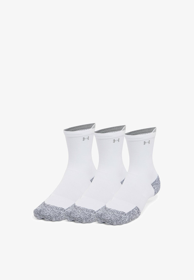 Three pairs of crew-length socks, white with grey heels and toes, made of smooth fabric. Features a subtle logo on each sock.