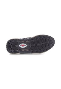 Zool van een zwart en grijs schoen met diepe profiel en een "rollingsoft 4½" label in het midden van de zool.