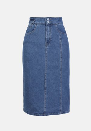 Džínová tužková sukně v středně modré barvě se dvěma předními kapsami, vysokým pasem, středním švem a zapínáním na dva knoflíky v oblasti pasu.