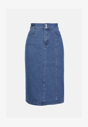 Denim kokerrok in medium blauw met twee voorzakken, hoge taille, middennaad en twee knoopsluitingen in de taille.