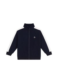 Marineblaues Zip-up-Trainingsjacke mit weißen Seitenstreifen, hohem Kragen, gerippten Bündchen und rundem Logo auf der Brust. Glatte, stoffliche Textur.