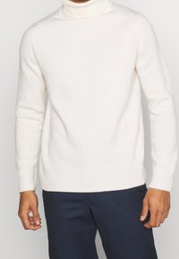Pull à col roulé blanc en fil doux, avec poignets et ourlet côtelés, coupe classique et détails minimalistes.