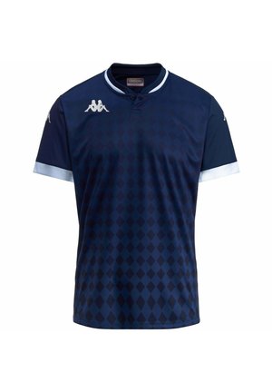 Camicia blu navy con motivo a diamond, maniche corte e colletto bianco. Presenta il logo Kappa bianco sul petto e sulle maniche.