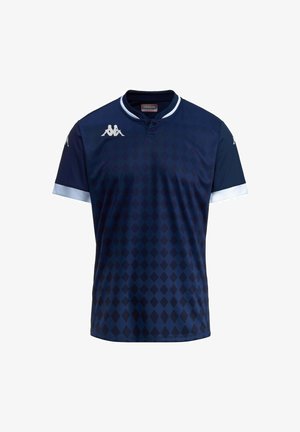 Camicia blu navy con motivo a diamond, maniche corte e colletto bianco. Presenta il logo Kappa bianco sul petto e sulle maniche.