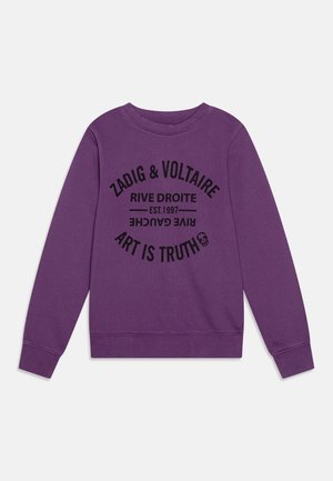 Sweat-shirt violet à manches longues avec texte noir « ZADIG & VOLTAIRE », « RIVE DROITE », « EST. 1997 », « RIVE GAUCHE » et « ART IS TRUTH » accompagné d'un petit dessin de crâne.