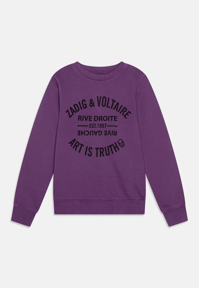 Sweat-shirt violet à manches longues avec texte noir « ZADIG & VOLTAIRE », « RIVE DROITE », « EST. 1997 », « RIVE GAUCHE » et « ART IS TRUTH » accompagné d'un petit dessin de crâne.