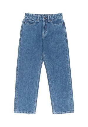 Jeans in denim azzurro chiaro con vita alta, design a gamba dritta, tasche frontali e dettagli di cucitura a contrasto. Senza decorazioni.