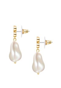 Náušnice z pozláteného kovu s veľkými perlovými kvapkami a hladkým, irizujúcim povrchom, uzatváranie na kolíky.