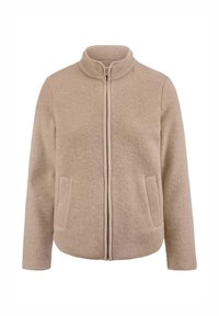 Beige Fleecejacke mit hohem Kragen, durchgehendem Reißverschluss und zwei Seitentaschen. Strukturierter Stoff mit weichem Finish. Lässiges Design.