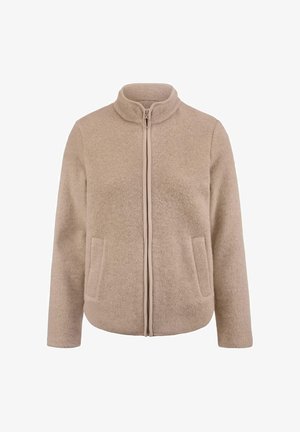 Beige Fleecejacke mit hohem Kragen, durchgehendem Reißverschluss und zwei Seitentaschen. Strukturierter Stoff mit weichem Finish. Lässiges Design.