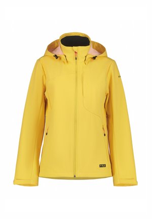 Yellow waterproof jacket featuring a zip front, adjustable hood, elastic cuffs, and two side pockets with contrasting zippers.