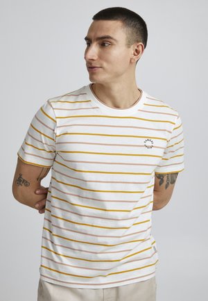 Striped t-shirt in white, featuring yellow and pink horizontal stripes. Round neckline, short sleeves, with a small "CASUAL" logo detail.